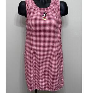 VTG 90s Disney Mickey Unlimited Gingham Check Jumper Dress Women’s M Embroidered